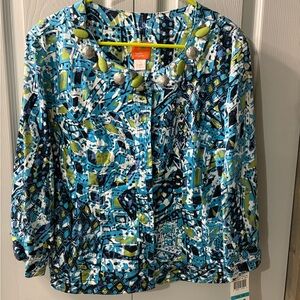 NWT Hearts of Palm Blue and Green Geometric Button Down Blouse size 16